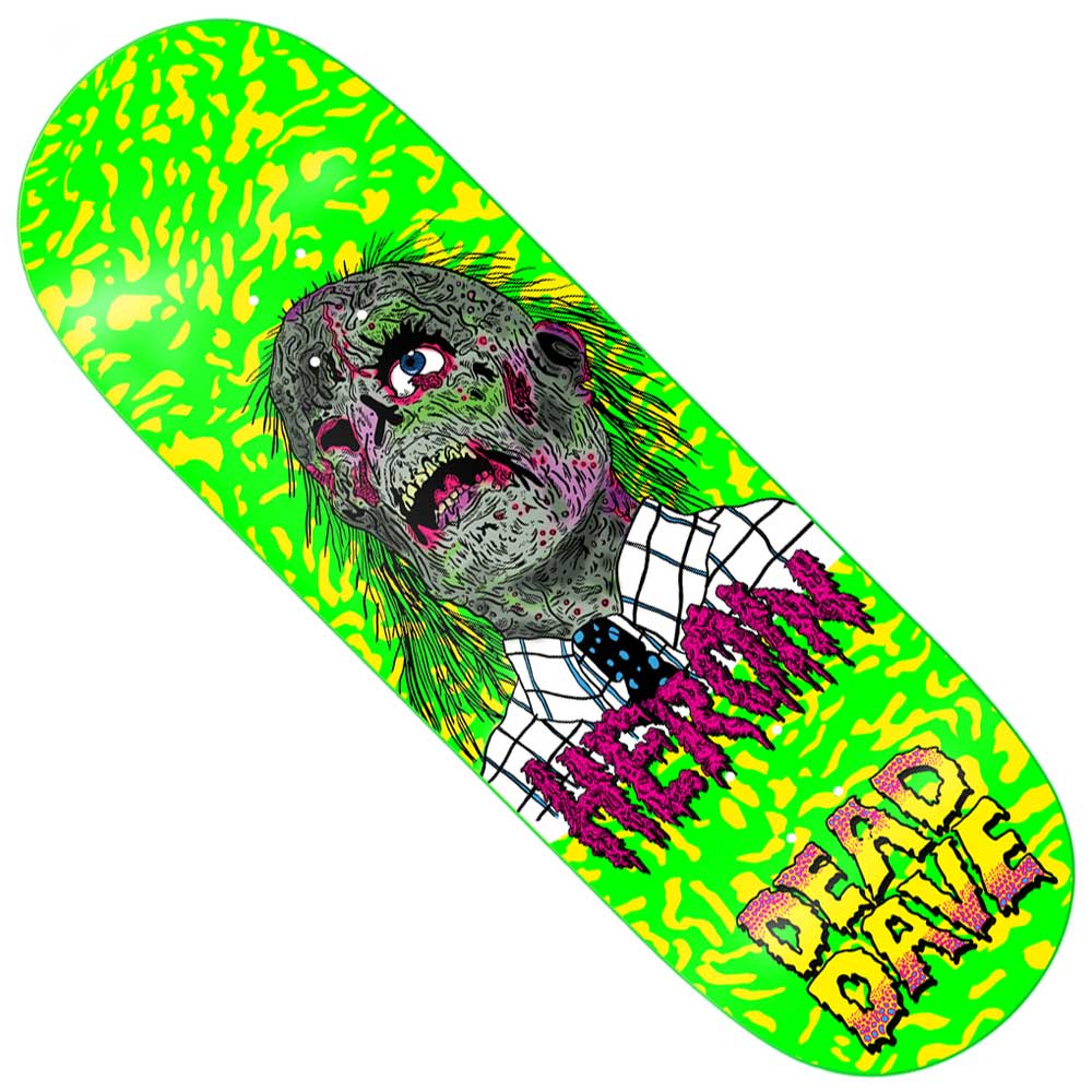 The Dead Dave Dead Head 10.125 Heroin Skateboards Deck Shaped is crafted from 7 ply hard rock maple, with a neon green and yellow abstract background and a cartoon zombie head in a collared shirt. HEROIN and DEAD DAVE are bold in stylized fonts.