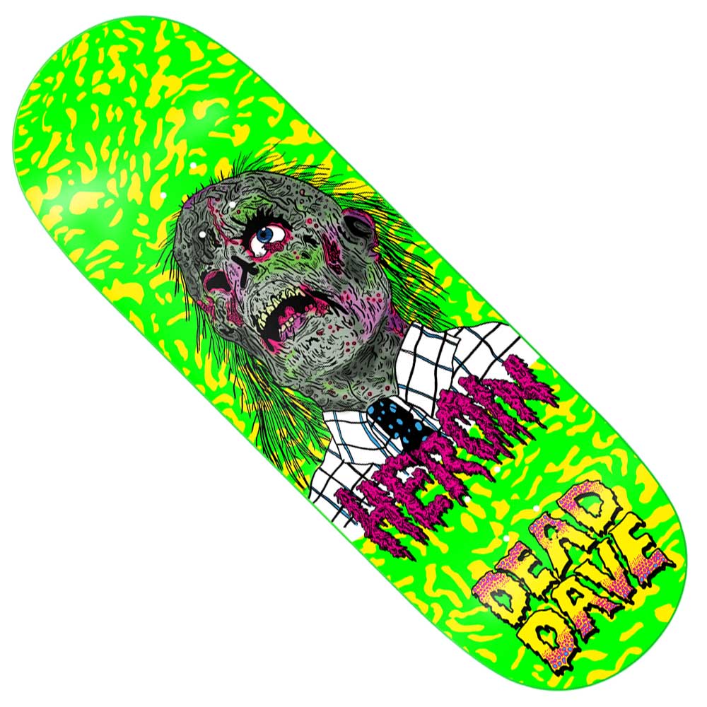 A Dead Dave Dead Head 10.125 Heroin Skateboards Deck featuring a neon green design with a zombie “Dead Head” in a shirt and tie, bold textured “HEROIN” and “DEAD DAVE” lettering, and bright yellow abstract background patterns.