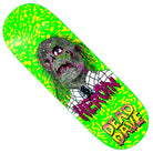A Dead Dave Dead Head 10.125 Heroin Skateboards Deck featuring a neon green design with a zombie “Dead Head” in a shirt and tie, bold textured “HEROIN” and “DEAD DAVE” lettering, and bright yellow abstract background patterns.