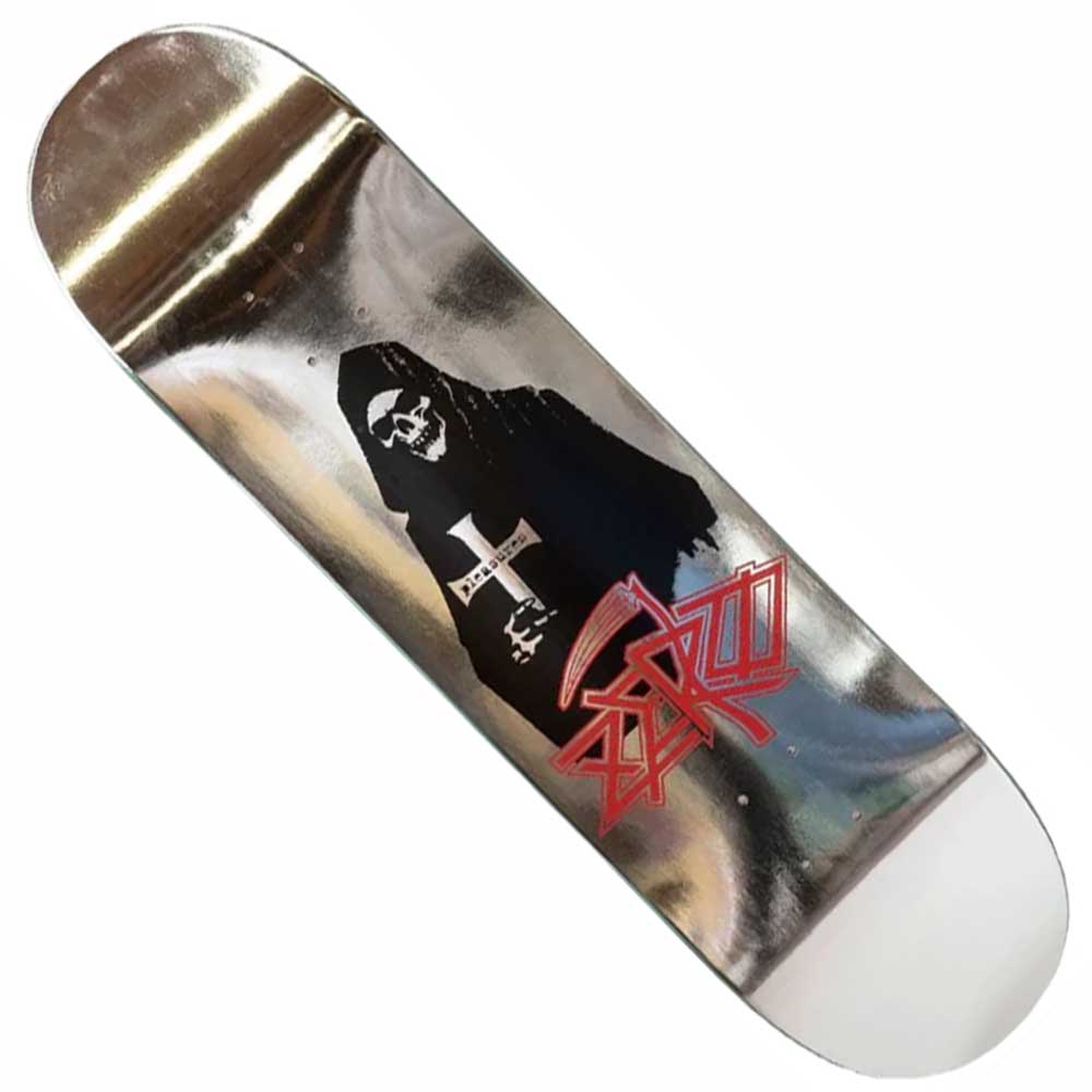 The Death 8.5 Pleasures x Zero Skateboards Deck features a metallic silver background, black hooded grim reaper with a cross, and red graffiti writing—ideal for Pleasures streetwear and punk subculture fans.