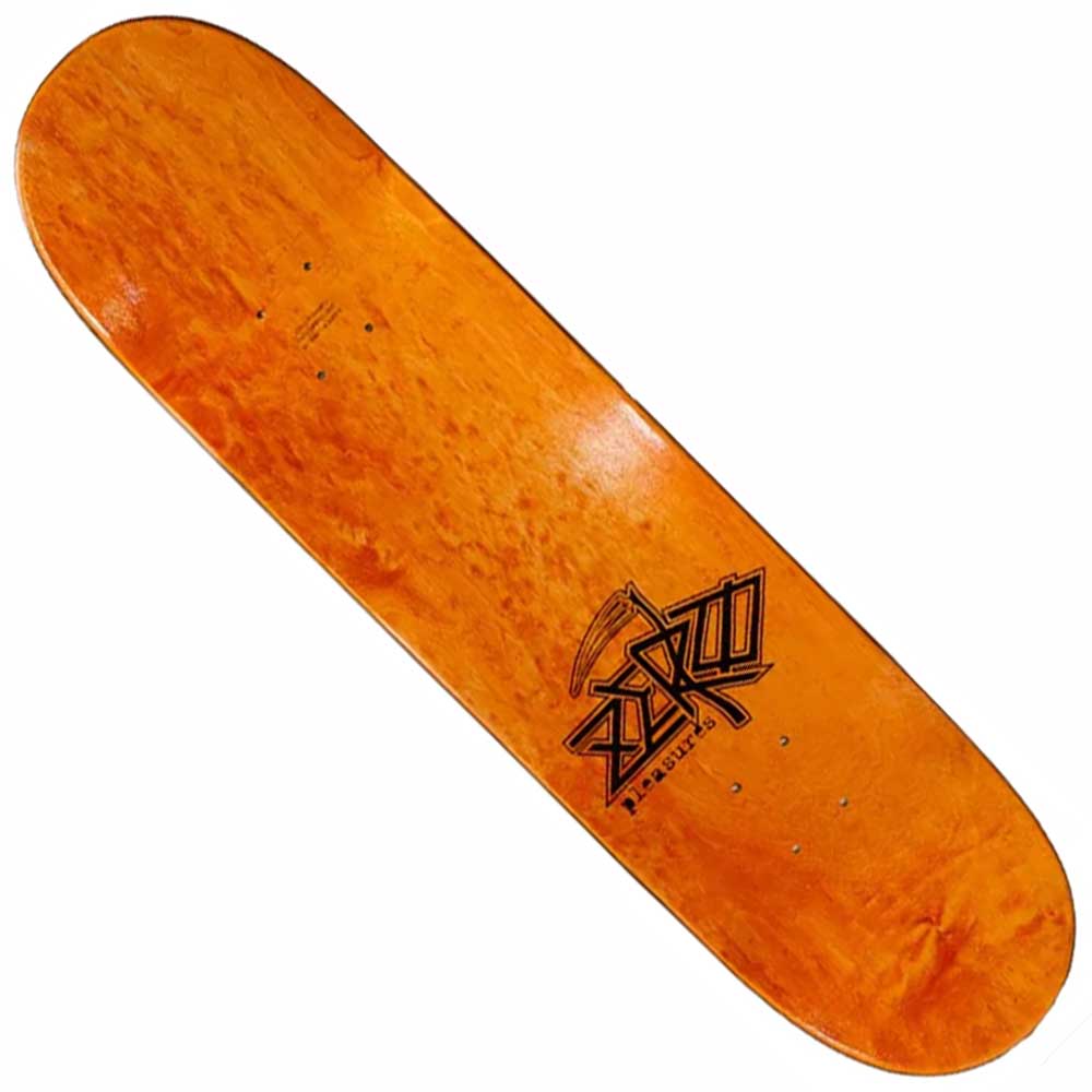 The Death 8.5 Pleasures x Zero Skateboards Deck features a natural orange finish, bold black Zero logo, and scythe graphic. Sold as a deck only—no grip tape, wheels, or trucks—it's perfect for streetwear and grunge enthusiasts.