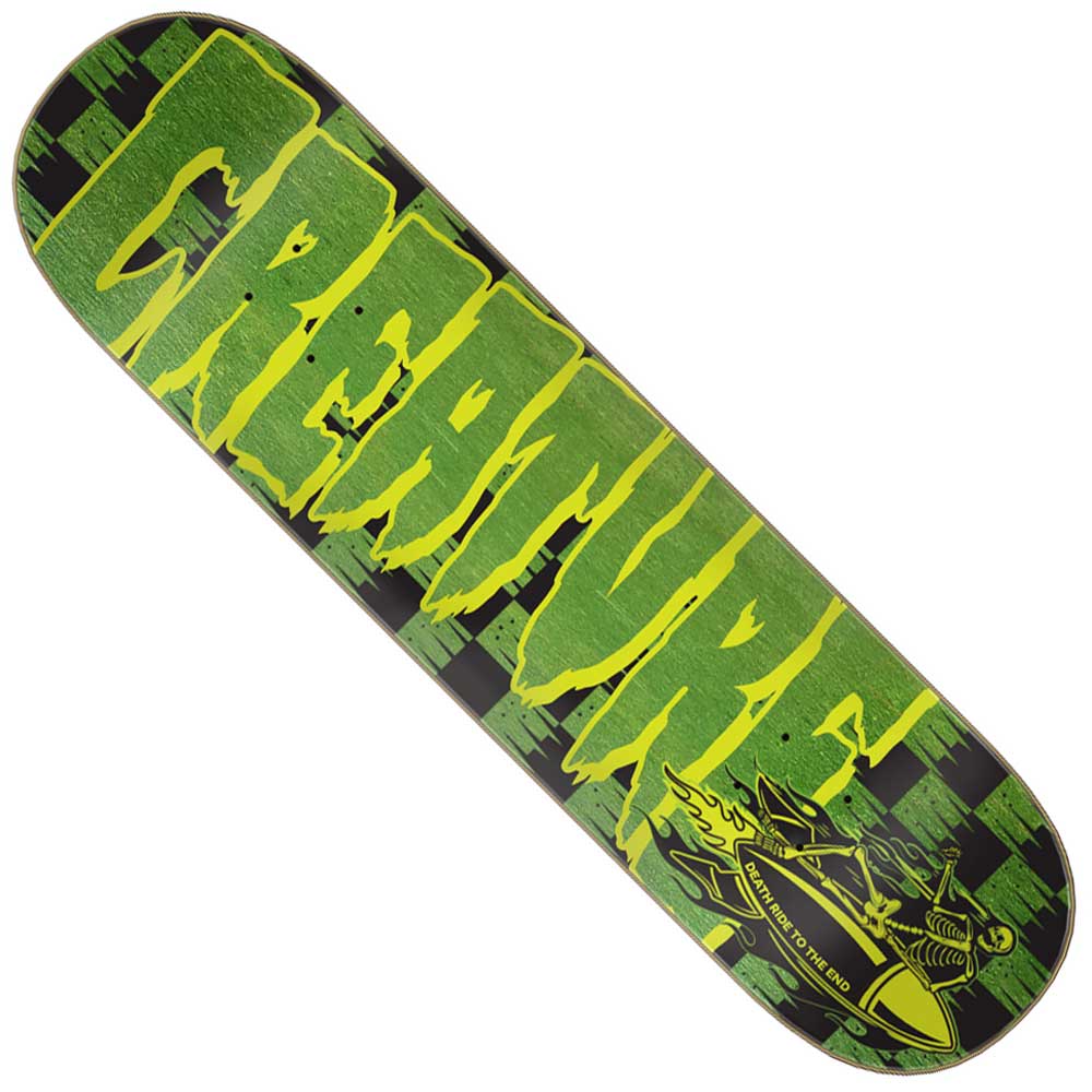 The Death Rider Stumps 7 Ply Birch 8.00in x 31.50in Creature Skateboard Deck features a bold jagged green CREATURE logo on a black and green checkered background with a flaming skeleton motorcycle rider in the lower right corner.