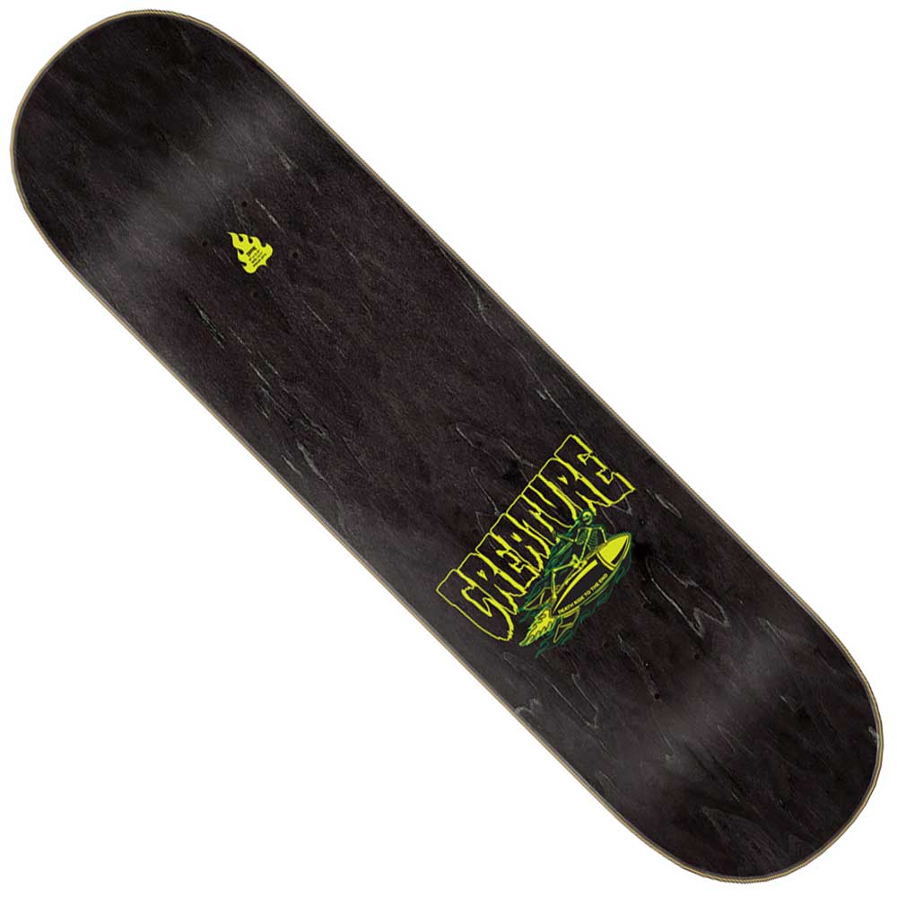 The Death Rider Stumps 7 Ply Birch 8.00in x 31.50in Creature Skateboard Deck features a green and yellow CREATURE logo with a bold illustrated green hand breaking through the surface, inspired by the classic Death Rider graphic.