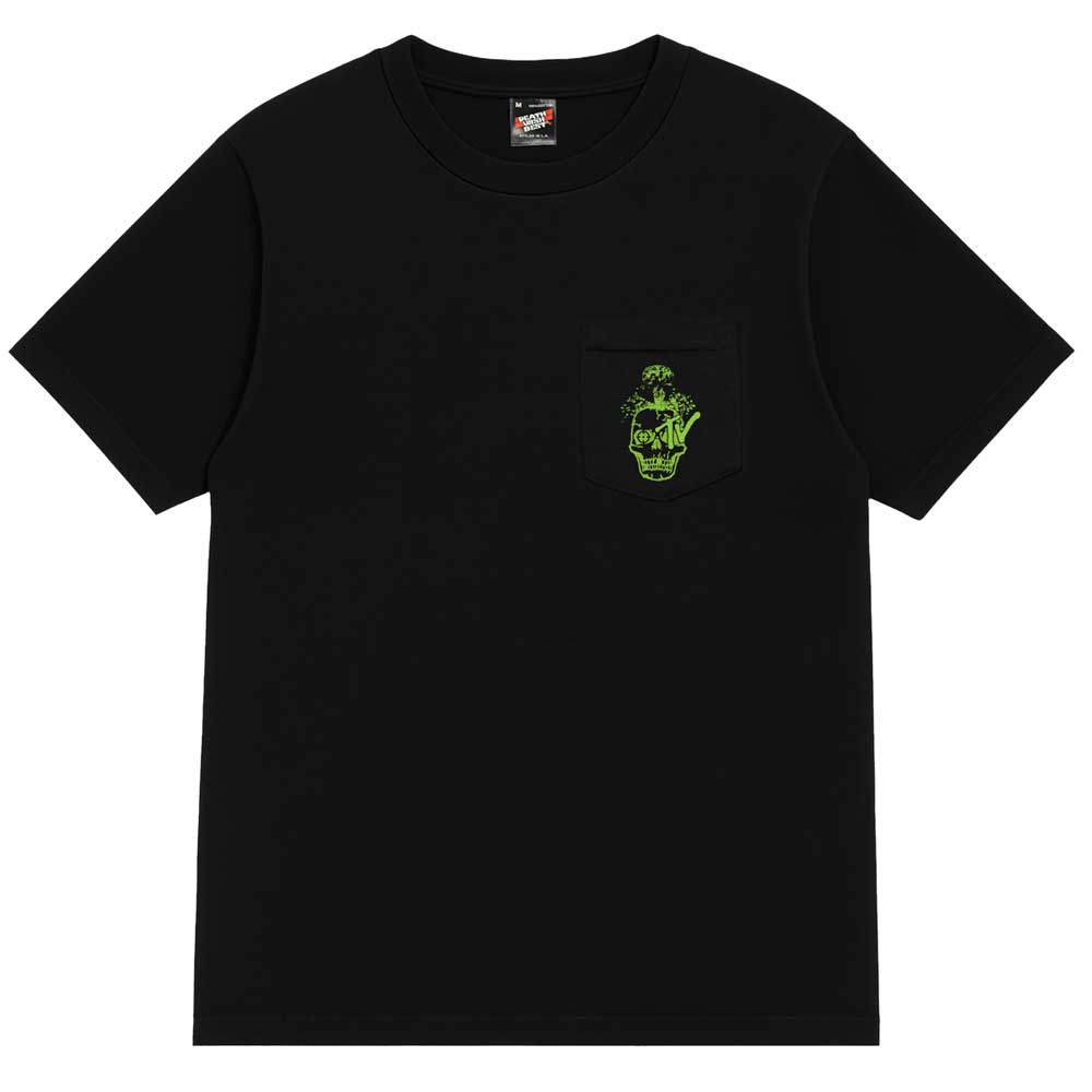 Death TV VHS Pocket Tee Black by Deathwish Skateboards – a black short-sleeve t-shirt featuring a small green skull graphic on the left chest pocket, designed with simple, casual style inspired by classic Death TV VHS vibes.