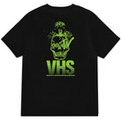 Introducing the Death TV VHS Pocket Tee Black by Deathwish Skateboards—a bold black t-shirt featuring a neon green skull graphic, an MTV logo, and text on the back that reads “VHS” and “DISTRIBUTED BY EASTERN/MTV HOME VIDEO INTERNATIONAL.” Inspired by classic Deathwish style, this pocket tee channels serious Death TV VHS vibes.
