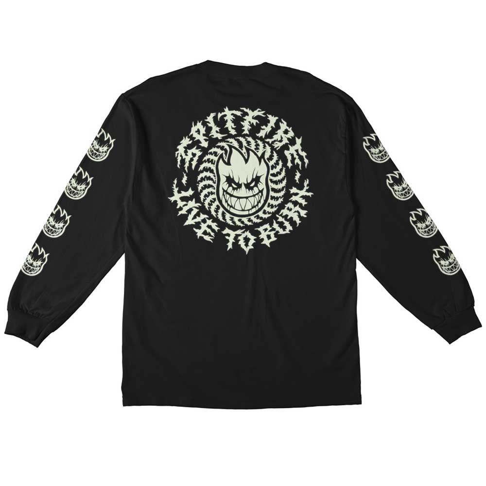 The Deathmask Classic Long Sleeve Black Glow Print Tee by Spitfire Wheels features iconic grinning flame face graphics and "SPITFIRE LIVE TO BURN" on the back, with classic flame faces running down both sleeves for bold style.