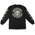The Deathmask Classic Long Sleeve Black Glow Print Tee by Spitfire Wheels features iconic grinning flame face graphics and "SPITFIRE LIVE TO BURN" on the back, with classic flame faces running down both sleeves for bold style.
