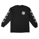 The Deathmask Classic Long Sleeve Black Glow Print Tee by Spitfire Wheels features a small circular flame-face on the left chest and three matching flame-faces down each sleeve, inspired by the iconic Deathmask Classic design.
