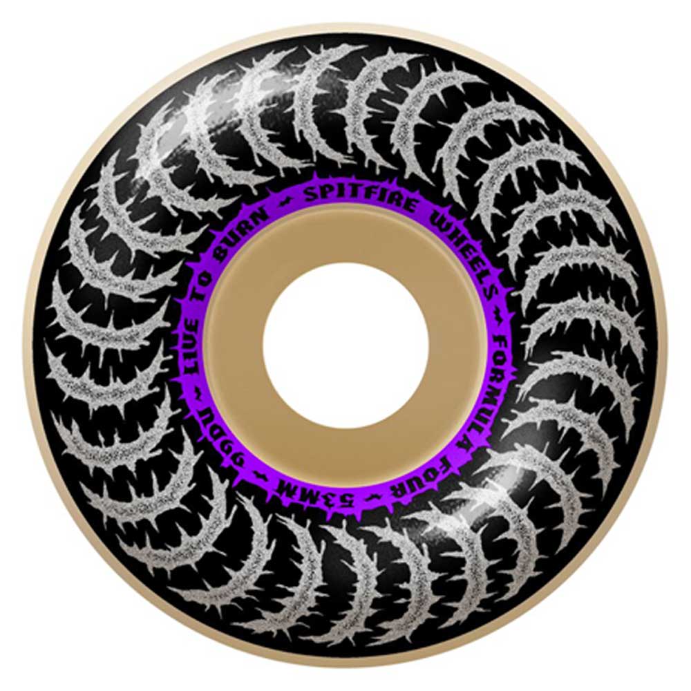 A black Deathmask II Classic 53mm 99A Formula Four Spitfire Wheel features gray spikes and purple-blue "SPITFIRE WHEELS FORMULA FOUR 53MM 99DU" text in the center, plus "LIVE TO BURN.