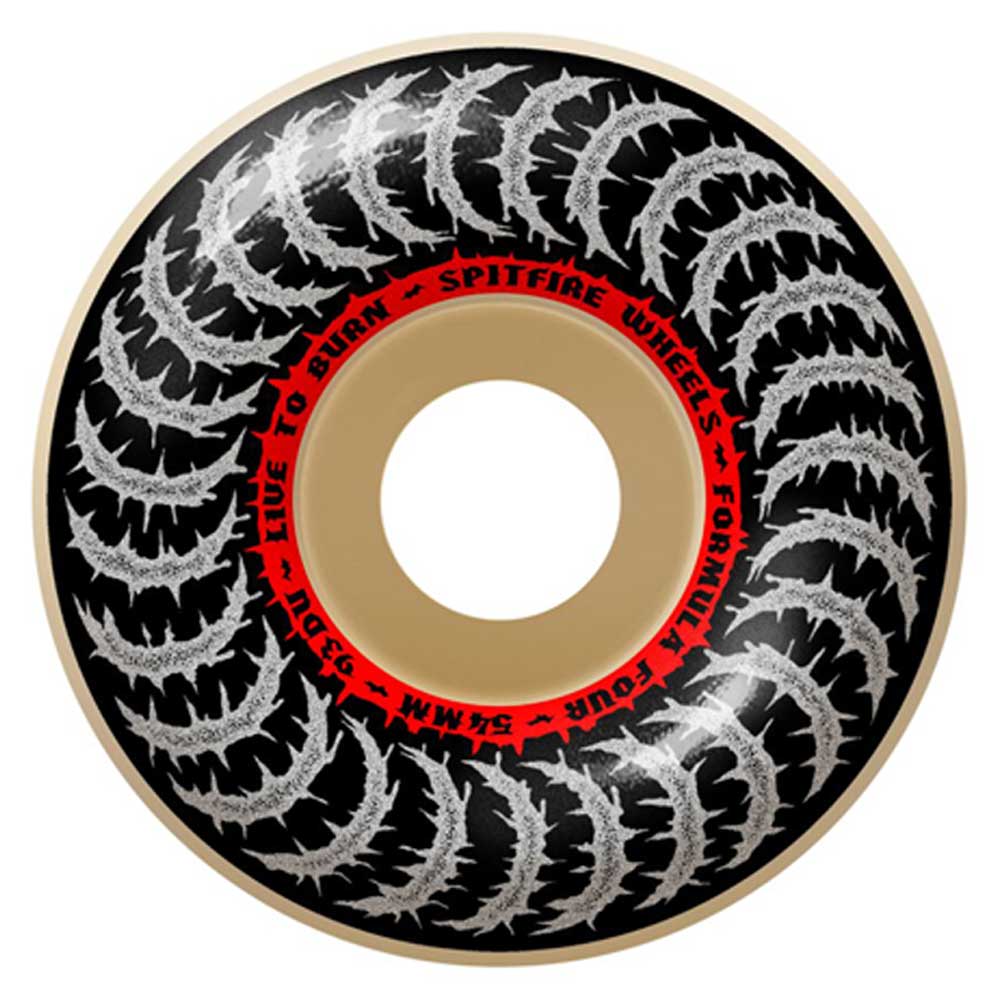 A black Deathmask II Classic 54mm99A Formula Four Spitfire wheel with a beige center, white flame designs, and red text reading "SPITFIRE WHEELS FORMULA FOUR 54MM"; "LIVE TO BURN" appears along the inner circle.