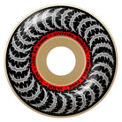 A black Deathmask II Classic 54mm99A Formula Four Spitfire wheel with a beige center, white flame designs, and red text reading "SPITFIRE WHEELS FORMULA FOUR 54MM"; "LIVE TO BURN" appears along the inner circle.