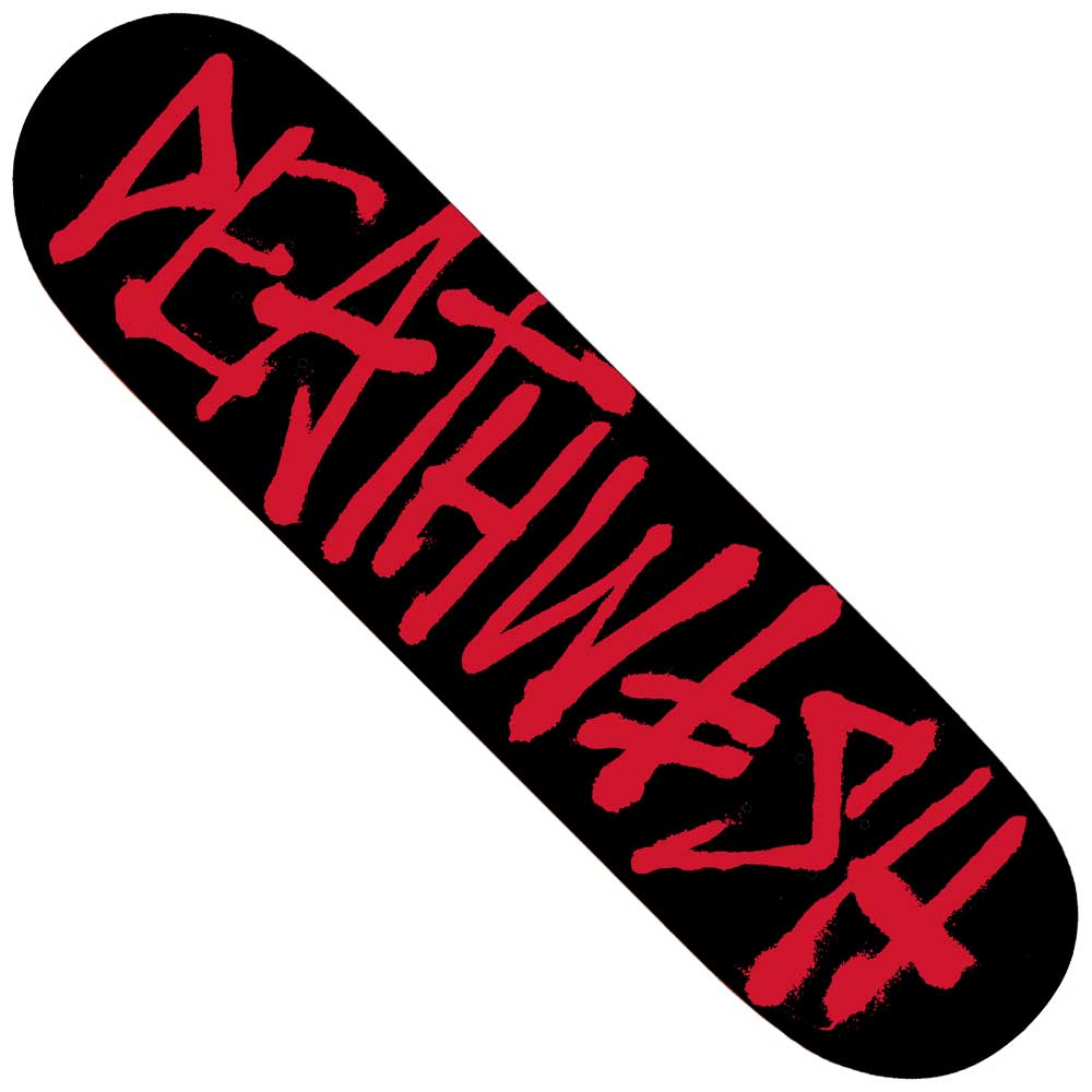 The Deathspray 8.25x31.87 Black Red Deathwish Deck features bold, red DEATHWISH graffiti graphics—ideal for fans of the iconic Deathspray style.