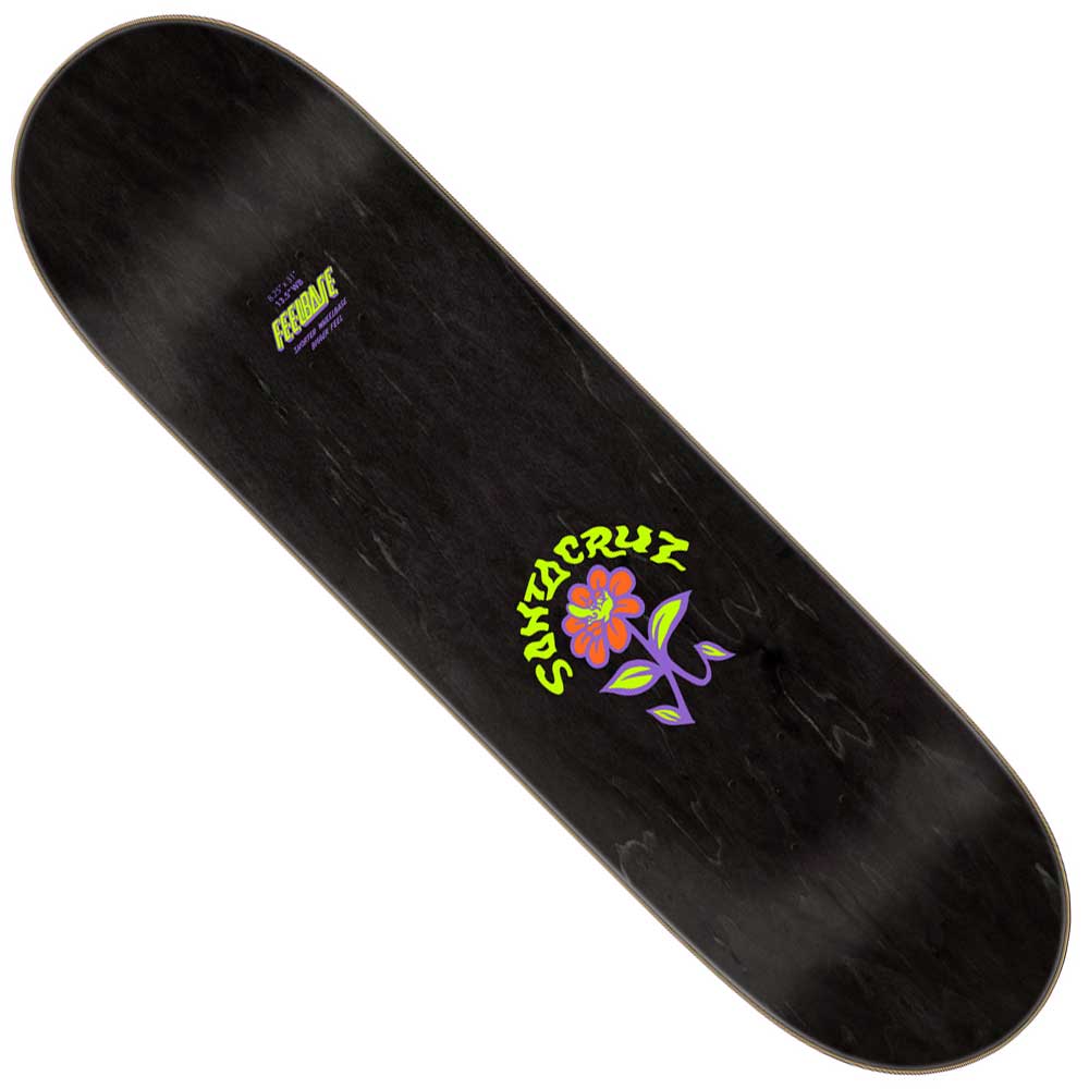 The Delfino Ego FeelBase Pro 8.25in x 31in Santa Cruz Skateboard Deck features a black base, a vibrant flower graphic with purple highlights, and "Santa Cruz" in yellow-green lettering for a sleek, eye-catching design.