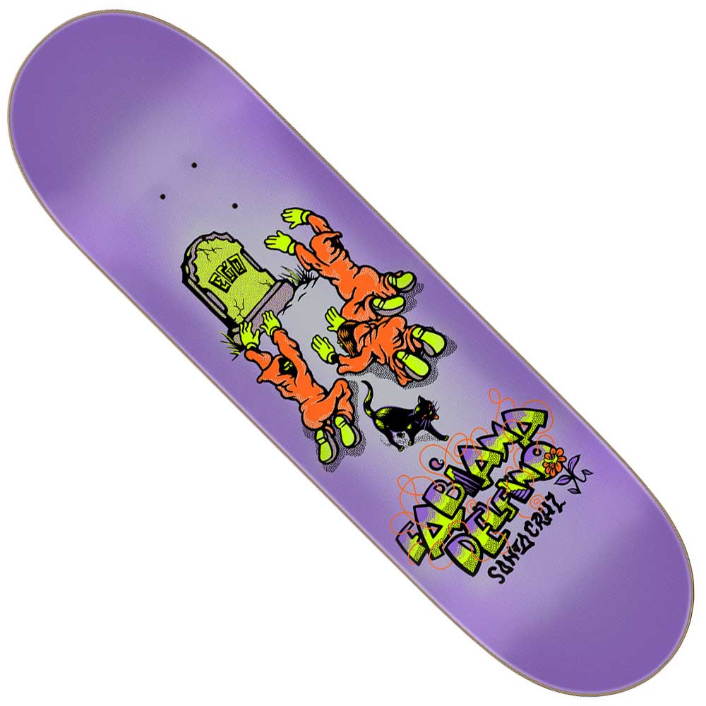 The Delfino Ego FeelBase Pro 8.25in x 31in Santa Cruz Skateboard Deck features cartoon zombie hands rising by a green gravestone and graffiti-style "Fabiana Delfino Santa Cruz" text at the bottom.