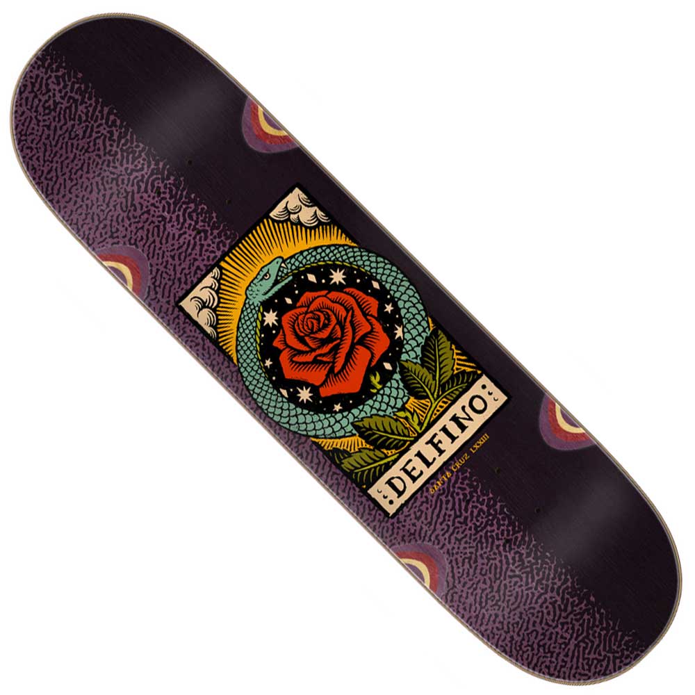 The Delfino Ouroboros Pro 8.25in x 31.60in Santa Cruz Deck features a vibrant graphic of a snake coiled around a red rose, surrounded by green leaves, with the deck’s name displayed on a yellow banner beneath the artwork.