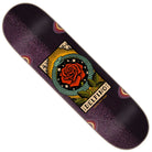The Delfino Ouroboros Pro 8.25in x 31.60in Santa Cruz Deck features a vibrant graphic of a snake coiled around a red rose, surrounded by green leaves, with the deck’s name displayed on a yellow banner beneath the artwork.