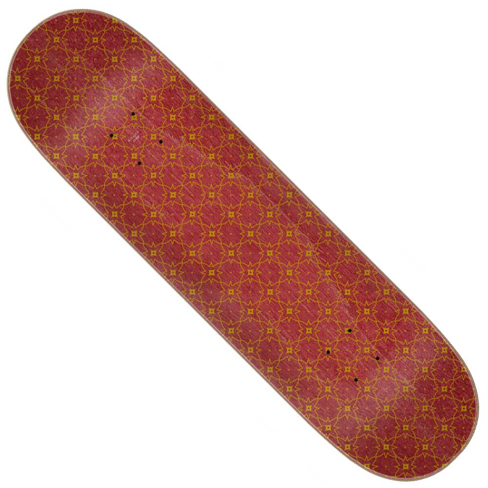 A Santa Cruz Delfino Ouroboros Pro skateboard deck, measuring 8.25in x 31.60in, in red 7 ply maple with a repeating gold geometric star pattern, photographed on a white background.