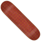 A Santa Cruz Delfino Ouroboros Pro skateboard deck, measuring 8.25in x 31.60in, in red 7 ply maple with a repeating gold geometric star pattern, photographed on a white background.