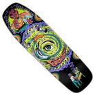 The Delfino Pinball Vision Pro Shaped 9.14in x 31.50in deck from Santa Cruz Skateboards showcases psychedelic art with a spiral, an eye, floating objects, and a man with a bird near a pinball machine featuring "DELUXE" in the design.