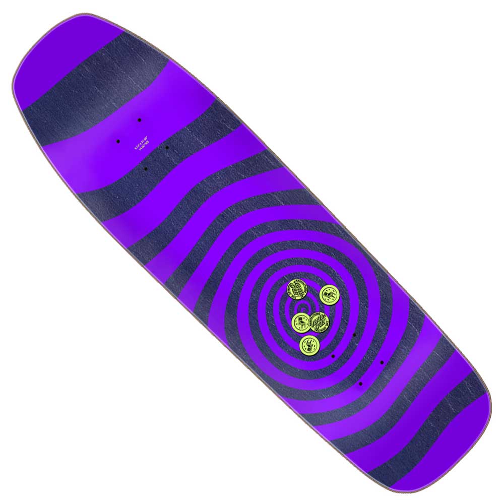 The Delfino Pinball Vision Pro Shaped 9.14in x 31.50in deck from Santa Cruz Skateboards features a purple and black spiral with four yellow-green circles—ideal for fans of the Pinball Vision series.