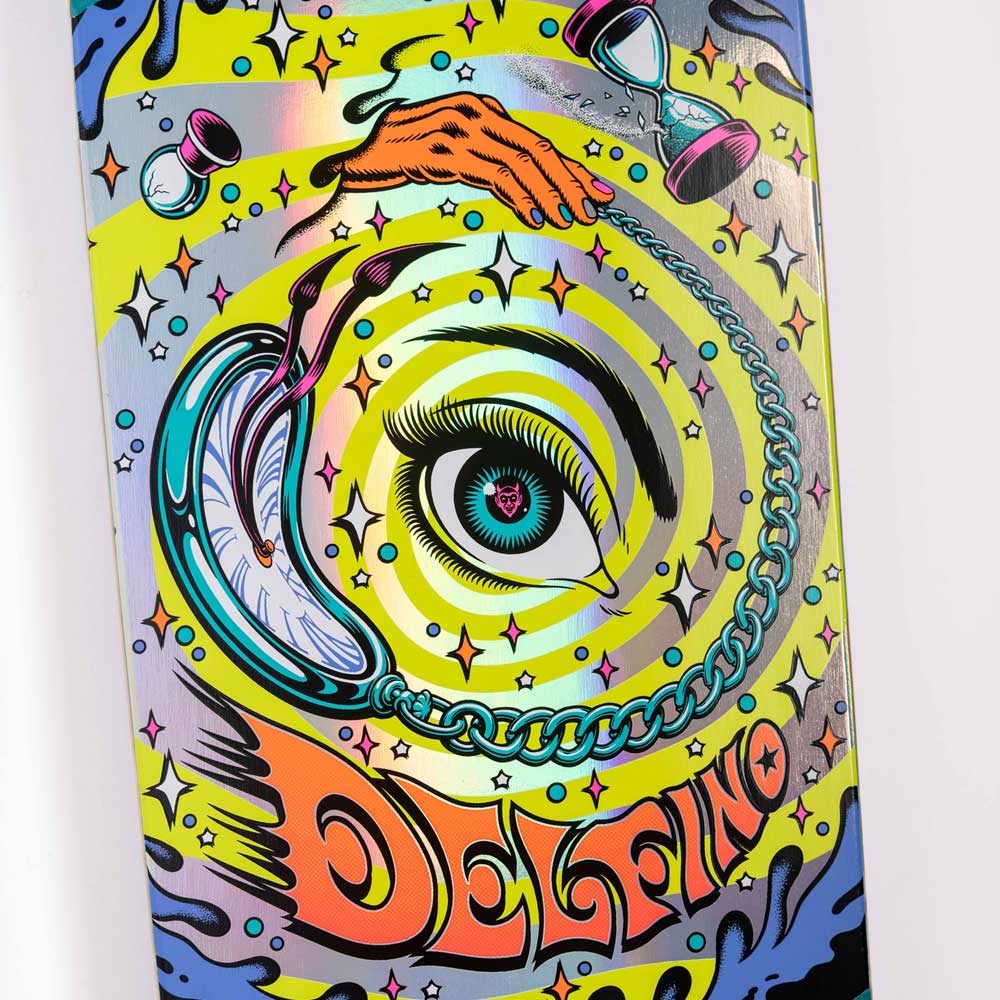 Vibrant artwork featuring a central eye, swirling yellow-green patterns, hands with a pocket watch, floating hourglasses, and "Delfino" highlights the Delfino Pinball Vision Pro Shaped 9.14in x 31.50in Santa Cruz Skateboards deck.