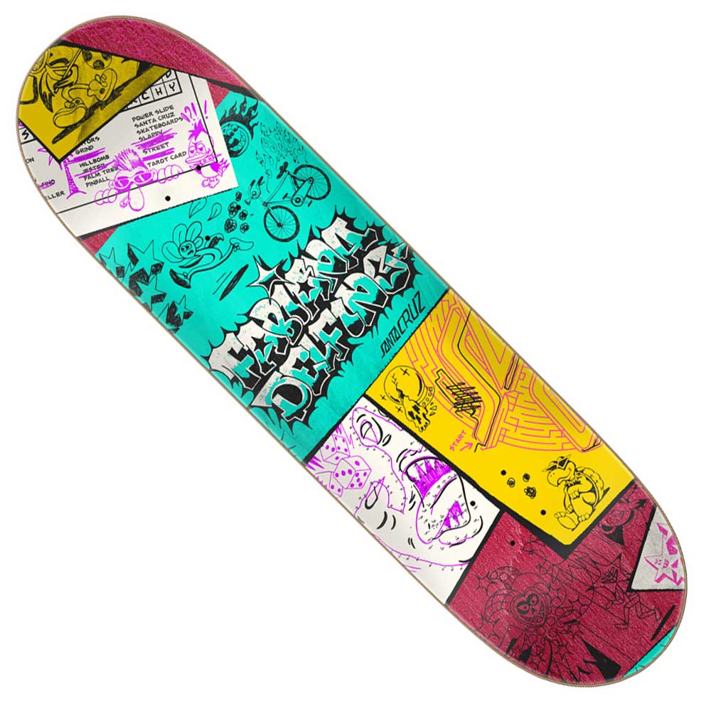 The Delfino Scribble FeelBase Pro 8.25in x 31.00in Deck by Santa Cruz Skateboards features a colorful abstract design with graffiti-style text, cartoon faces, doodles, and geometric shapes in teal, yellow, pink, and purple on white.