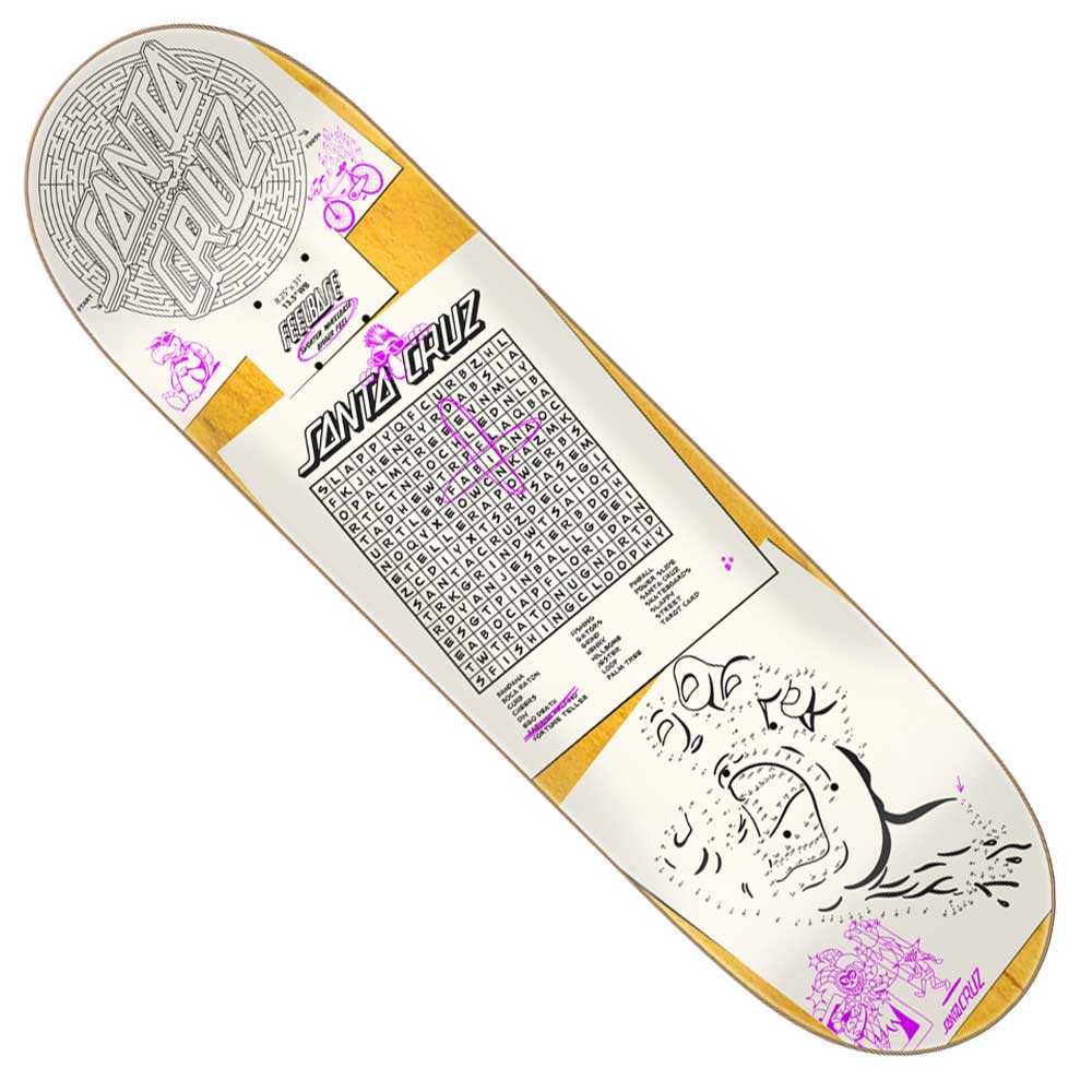 The Delfino Scribble FeelBase Pro 8.25in x 31.00in Santa Cruz Skateboards Deck features gold and white colors, logo, abstract purple/black face graphics, geometric shapes, and a central word search puzzle.