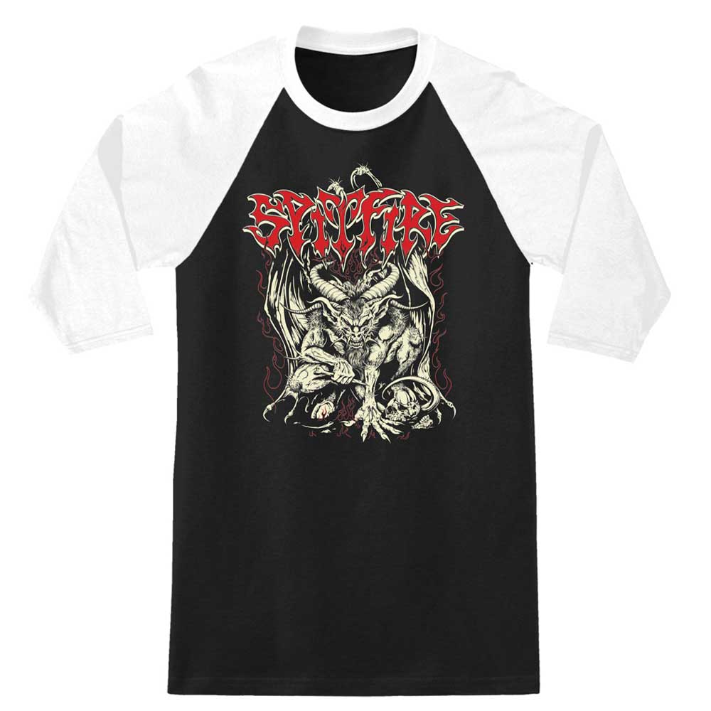 The Demon 3/4 Sleeve Raglan Black Multi Discharge Print Tee by Spitfire Wheels features bold red SPITFIRE text and a fierce winged dragon amid skulls and flames, all on a stylish black-and-white design with durable discharge print.