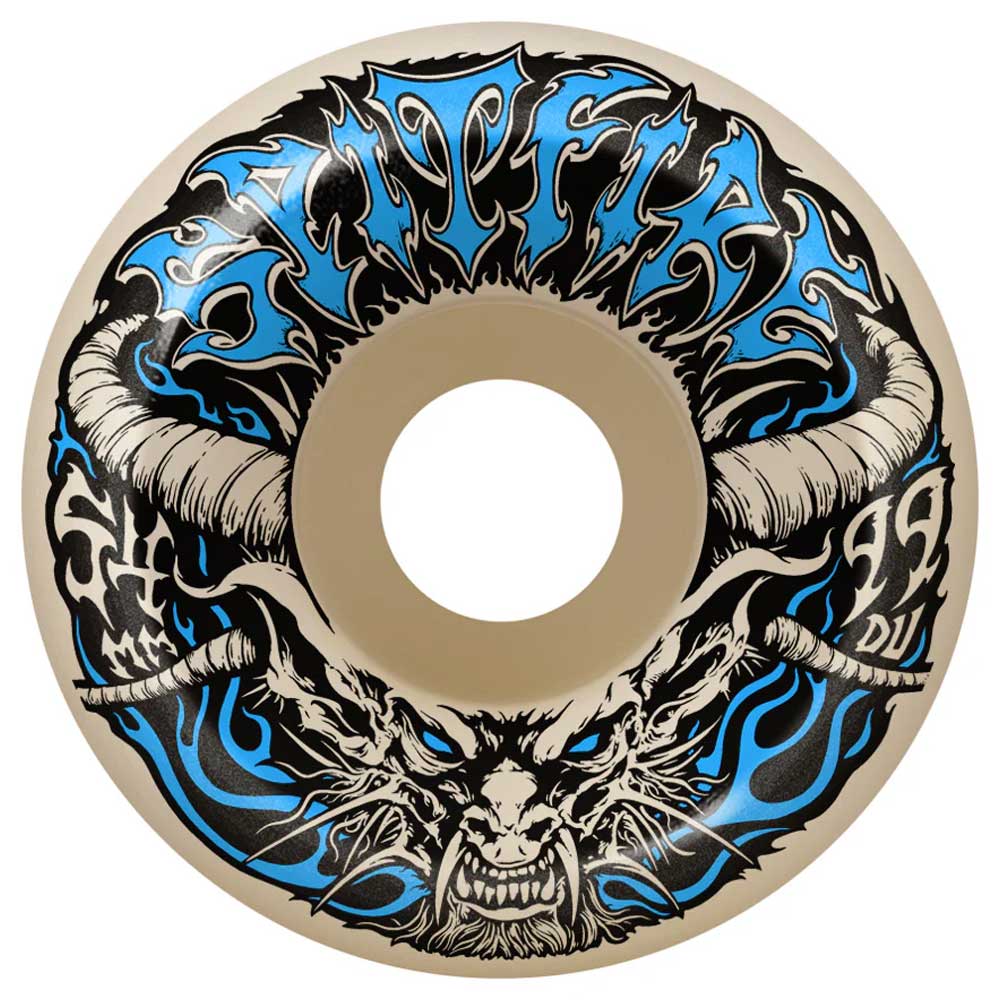 The Demon Redux 54mm 99A Formula Four Spitfire Wheels feature a fierce ram's head with large horns, blue flames, and bold "SPITFIRE" lettering across the top.