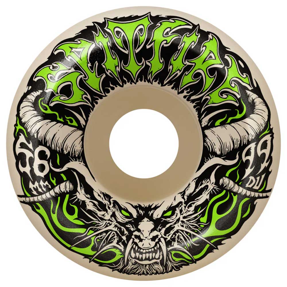 The Demon Redux 56mm99A Formula Four Spitfire Wheels feature bold green and black art of a snarling, horned beast with the Spitfire name—delivering legendary performance and style.
