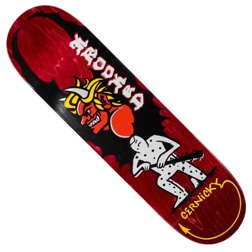 The Devil Cernicky 8.5 Krooked Skateboard Deck features a red and black design with the Devil Cernicky cartoon head, yellow horns, a white spotted figure holding a guitar, and "Krooked" and "Cernicky" displayed.