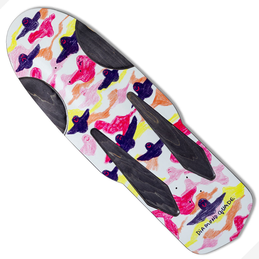 The Diamond Quad Beemer 10.75 Krooked Deck Skateshop Day features colorful, abstract bird-like shapes in pink, purple, orange, and yellow with three large black forms and "Diamond Quade" at the bottom right—perfect for Skateshop Day.