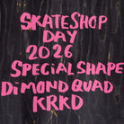 Pink text on a dark wooden background reads: Diamond Quad Beemer 10.75 Krooked Deck Skateshop Day—celebrating limited skateboards at Southside Skatepark.