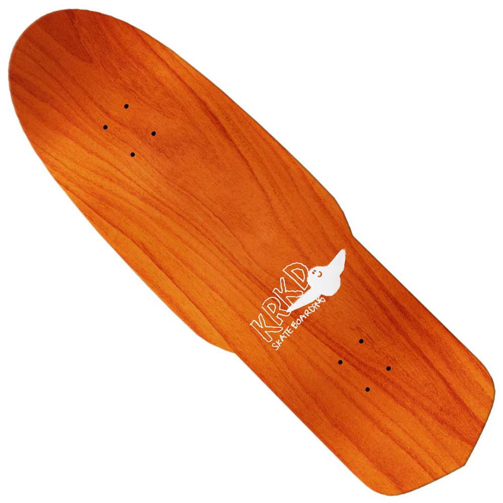 The Diamond Quade Beemer 10.75x33.95 Krooked Skateboards Deck features a natural orange wood finish, rounded nose, square tail, and a white Krooked logo with a stylized bird inspired by the Diamond Quade Beemer series.