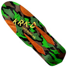 The Diamond Quade Beemer 10.75x33.95 Krooked Skateboards Deck features a green, black, and brown camo pattern with smiling faces, yellow KRKD Skate Boarding text, and three orange salami slices.