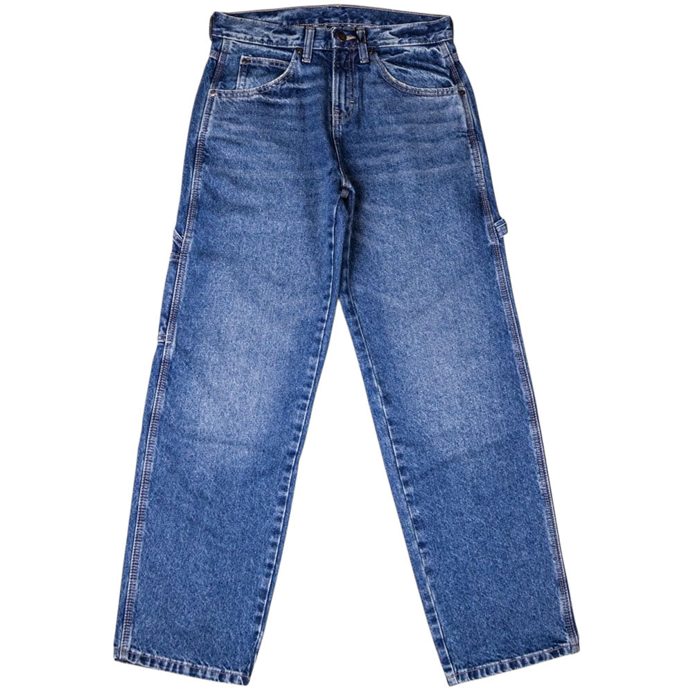 The 1993 Worn In Vickery Wash VNT A88D1 Carpenter Jean Denim Pant by Dickies Skateboarding, featuring a straight leg, five pockets, and a hammer loop; shown flat on a white background.