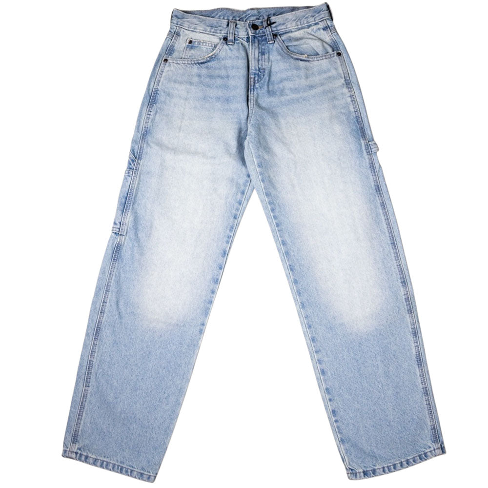 Worn In Lightweight RI2 A89G7 Retro Indigo men's straight-leg jeans by Dickies Skateboarding, featuring a faded wash, button closure, and five-pocket design, displayed flat on a white background.
