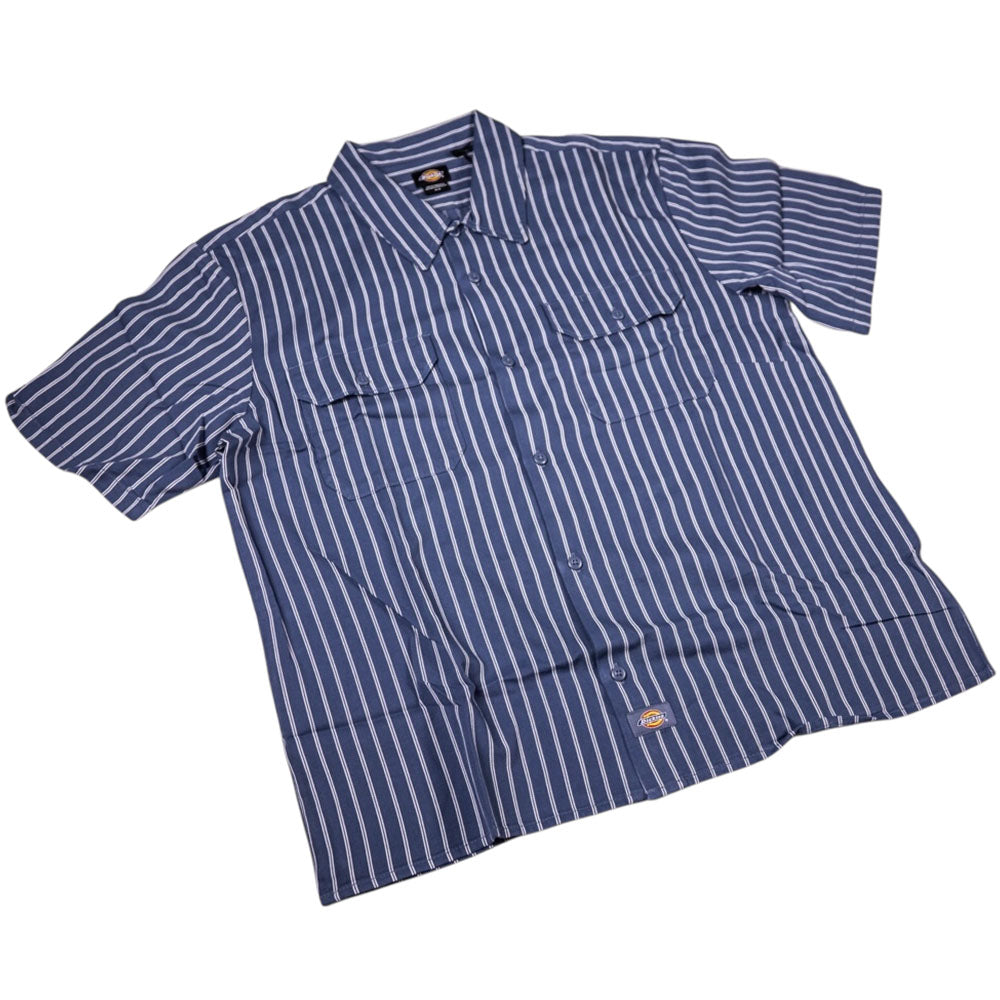 The SP33D Black Blue Striped KD3674 Adidas Skateboarding shirt features short sleeves, a button-up front, a collar, chest pockets, and vertical white stripes on a navy blue background.