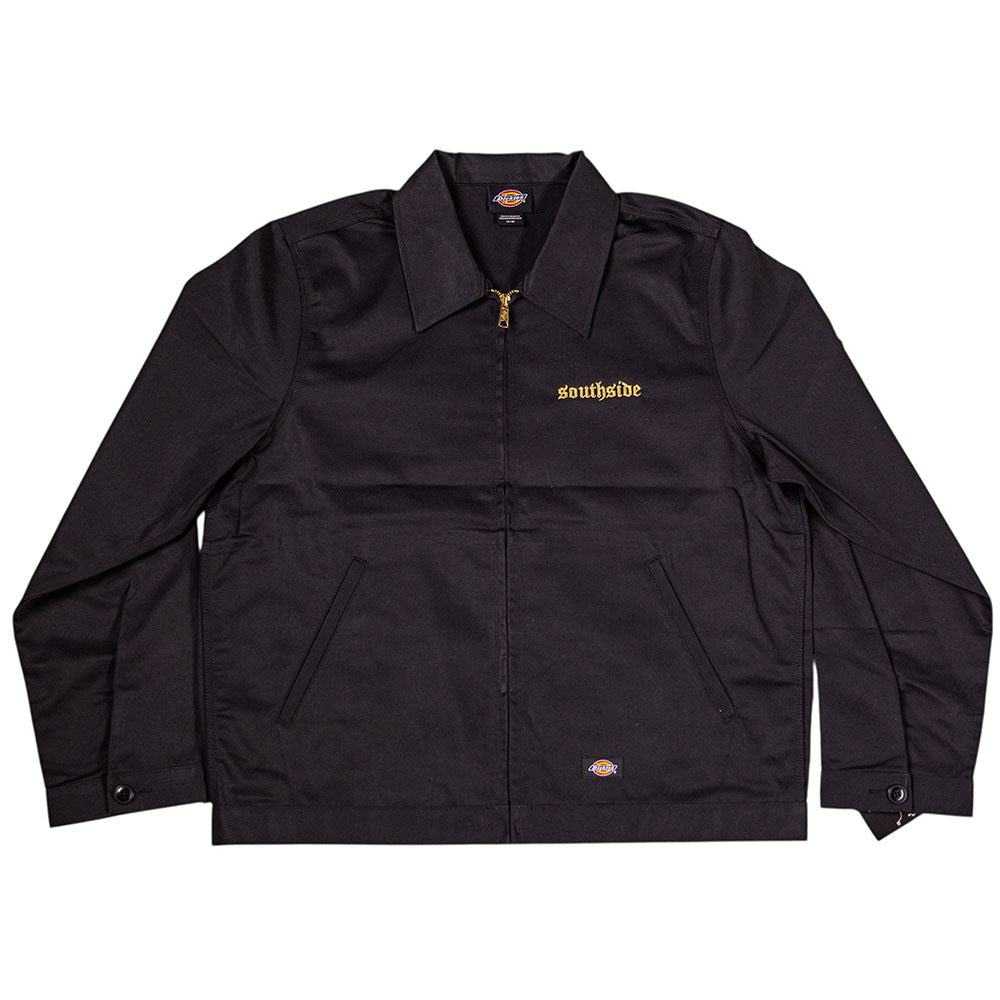 The Black Gold Embroidered Old English Black Southside Dickies Unlined Eisenhower Jacket features a collar, front pockets, "southside" in yellow on the left chest, and the signature Dickies logo patch on the lower front.