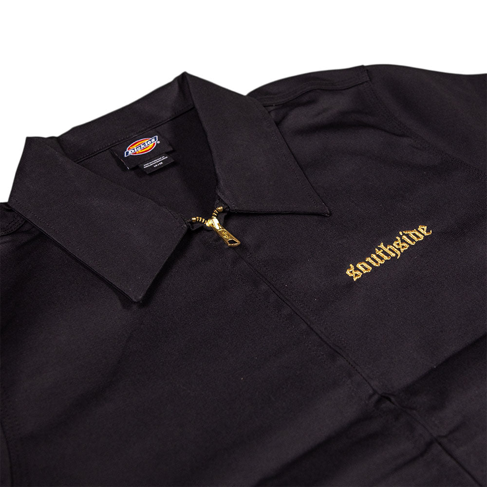 The Black Gold Embroidered Old English Black Southside Dickies Unlined Eisenhower Jacket features a black collar, gold zipper, and "southside" embroidered in gold on the left chest for classic workwear style.