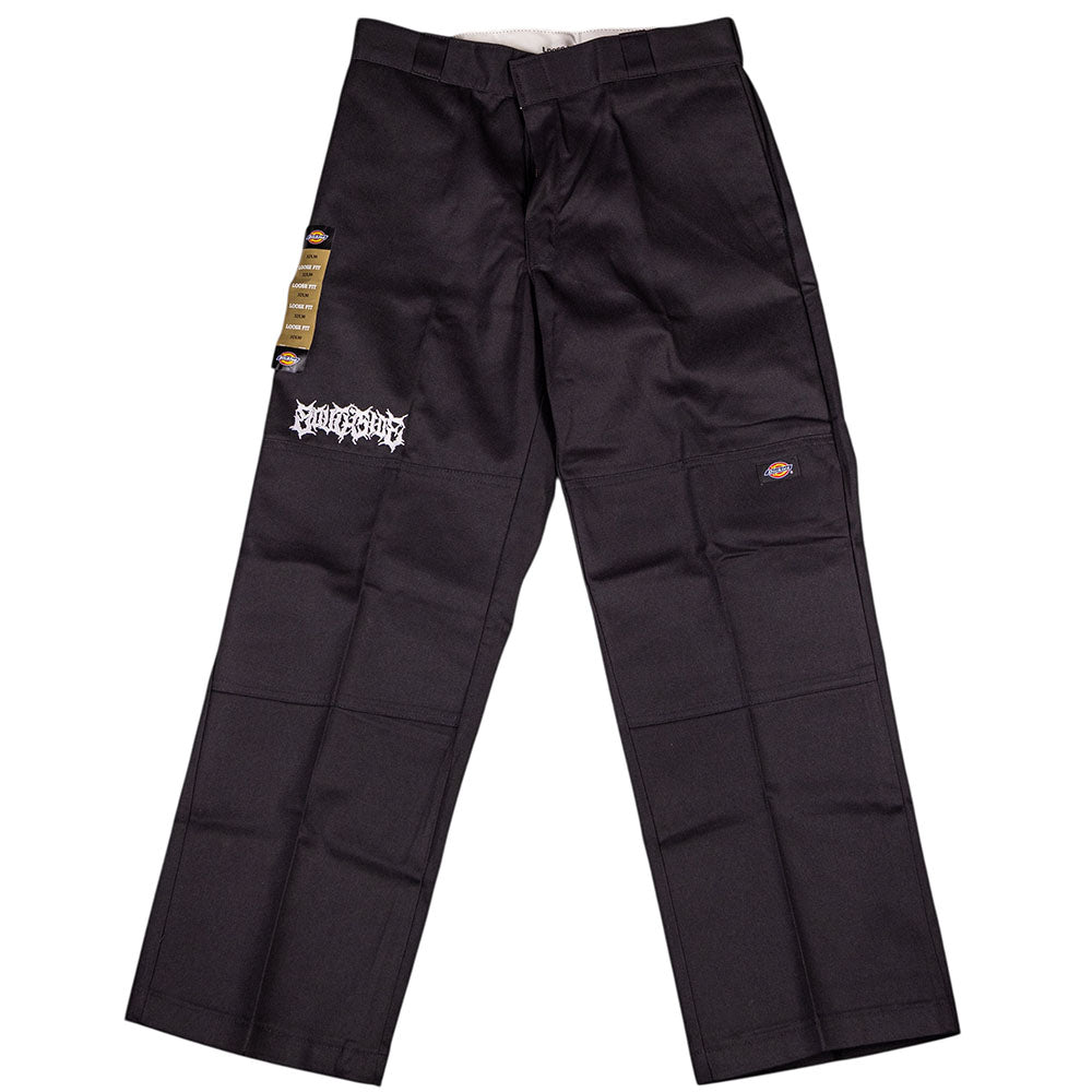 A pair of Black Southside Texas Icon Dickies Loose Fit Double Knee Pant 85283OG with white embroidery, reinforced double knees, a white logo above the left knee, a Dickies patch on the right thigh, and a tag on the waistband.