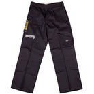 A pair of Black Southside Texas Icon Dickies Loose Fit Double Knee Pant 85283OG with white embroidery, reinforced double knees, a white logo above the left knee, a Dickies patch on the right thigh, and a tag on the waistband.