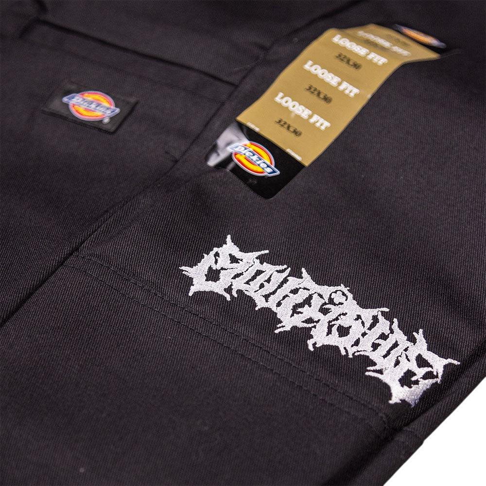 Close-up of Black Southside Texas Icon Dickies Loose Fit Double Knee Pant 85283OG with white embroidery, Dickies tags, relaxed fit, reinforced knees, and size 32 x 32.