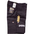 A pair of folded Black Southside Texas Icon Dickies Loose Fit Double Knee Pant 85283OG with tags, featuring a relaxed fit and white embroidery graphic on the left thigh.
