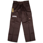 The Dark Brown Southside Texas Icon Dickies Loose Fit Double Knee Pant 85283DB features reinforced knees, white embroidery on the left thigh, product tags by the waistband, and a Dickies logo on the right leg.