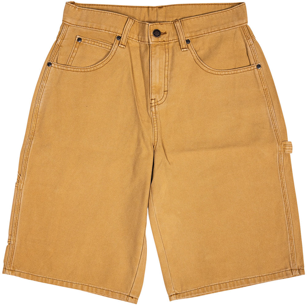 The Dickies Skateboarding Canvas Carpenter Shorts Loose Fit A89G5OBD in Brown Duck offer tan cotton workwear style with multiple pockets, reinforced rivets, a side tool loop, sturdy stitching, and a button-zipper closure.