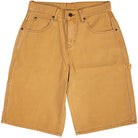 The Dickies Skateboarding Canvas Carpenter Shorts Loose Fit A89G5OBD in Brown Duck offer tan cotton workwear style with multiple pockets, reinforced rivets, a side tool loop, sturdy stitching, and a button-zipper closure.