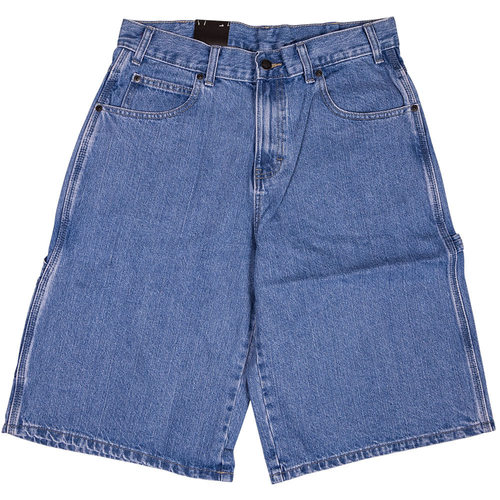 The Dickies Skateboarding Denim Utility Shorts Loose Fit A88A4J76 in Mid Wash feature five pockets, belt loops, and a button-zip closure, shown laid flat on a white background.