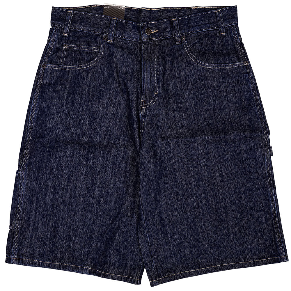 Dickies Skateboarding Denim Utility Shorts Loose Fit A88A4J75 in dark wash, featuring front and back pockets, belt loops, and white stitching, shown laid flat on a white background.