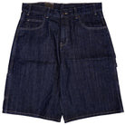 Dickies Skateboarding Denim Utility Shorts Loose Fit A88A4J75 in dark wash, featuring front and back pockets, belt loops, and white stitching, shown laid flat on a white background.